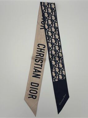 Christian Dior Oblique Mitzah Silk Scarf Navy Beige Monogram Logo